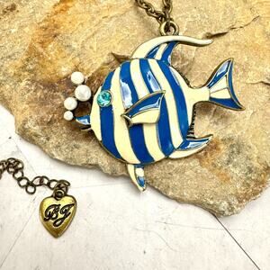 Betsey Johnson Fish Necklace Brooch Blue White Striped Tropical Pearl Bubbles